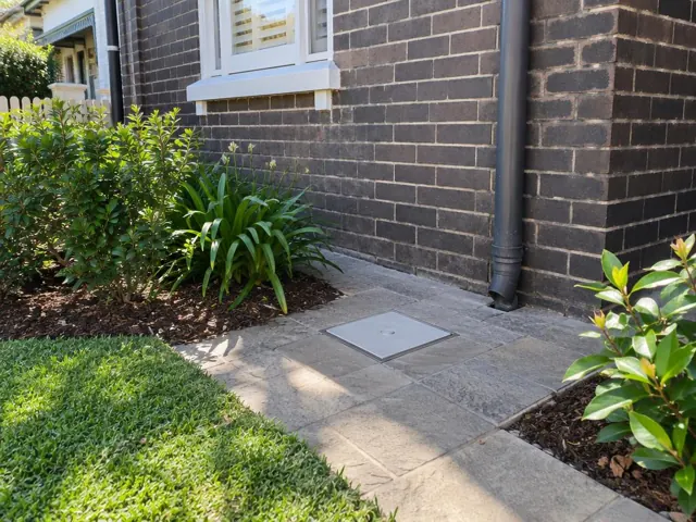Capped access cover in paved garden beside a brick house wall in Bondi