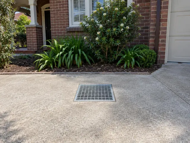 Flush stormwater grate in a concrete driveway beside brick house planting in Bellevue Hill
